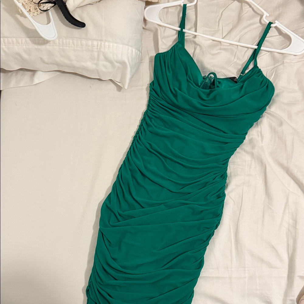 Fashion Nova Teal Ruched Midi Dress
